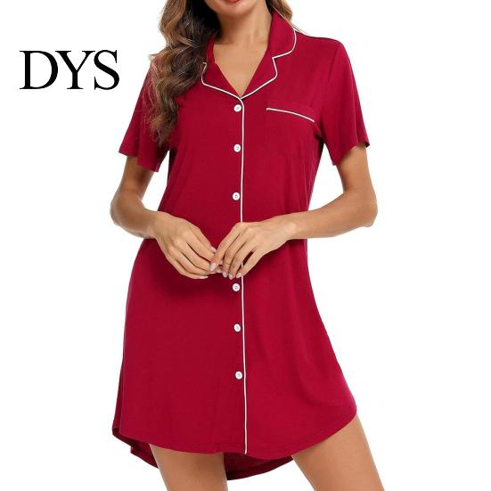 Lady Sleepwear Women Summer Nightdress Short Sleeve Shirt Type Lapel V Neck Single-breasted Loose Solid Color Homewear Sleep Dress Nightwear Suspender