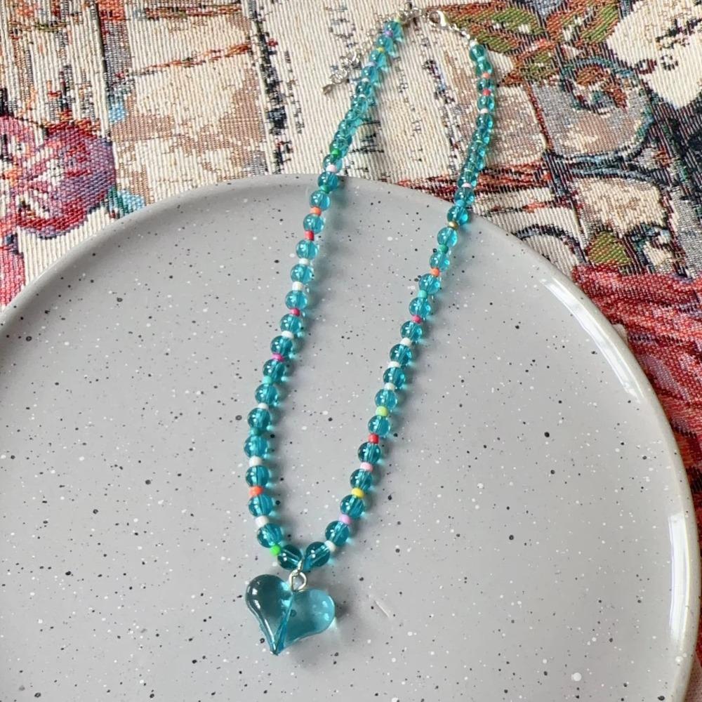Candy Color Dopamine Heart Pendant Necklace Glass Beaded Beads Neck Chain Choker Necklace  For Girl