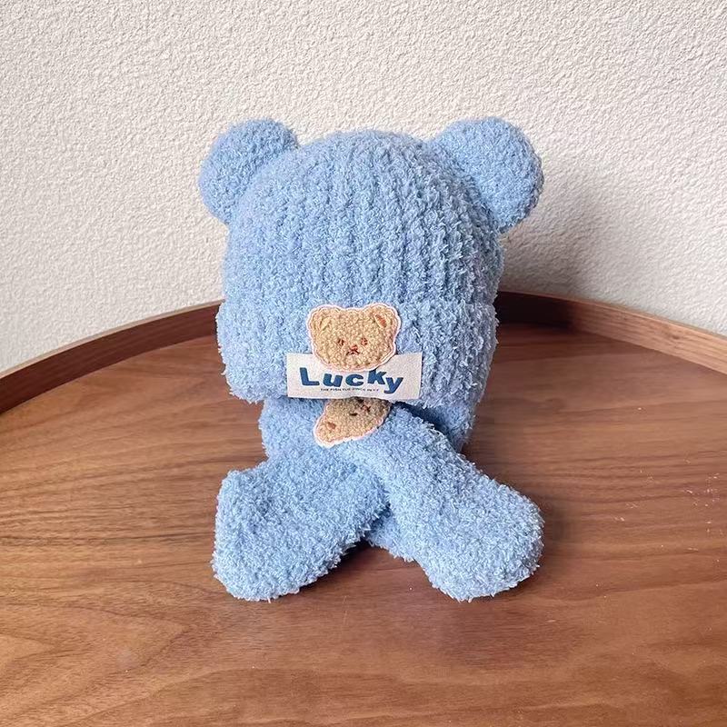Baby Mütze Herbst und Winter Niedlicher Bär Baby Plüsch Ohrenmütze Schal Set Warm Jungen und Mädchen Pullover Mütze