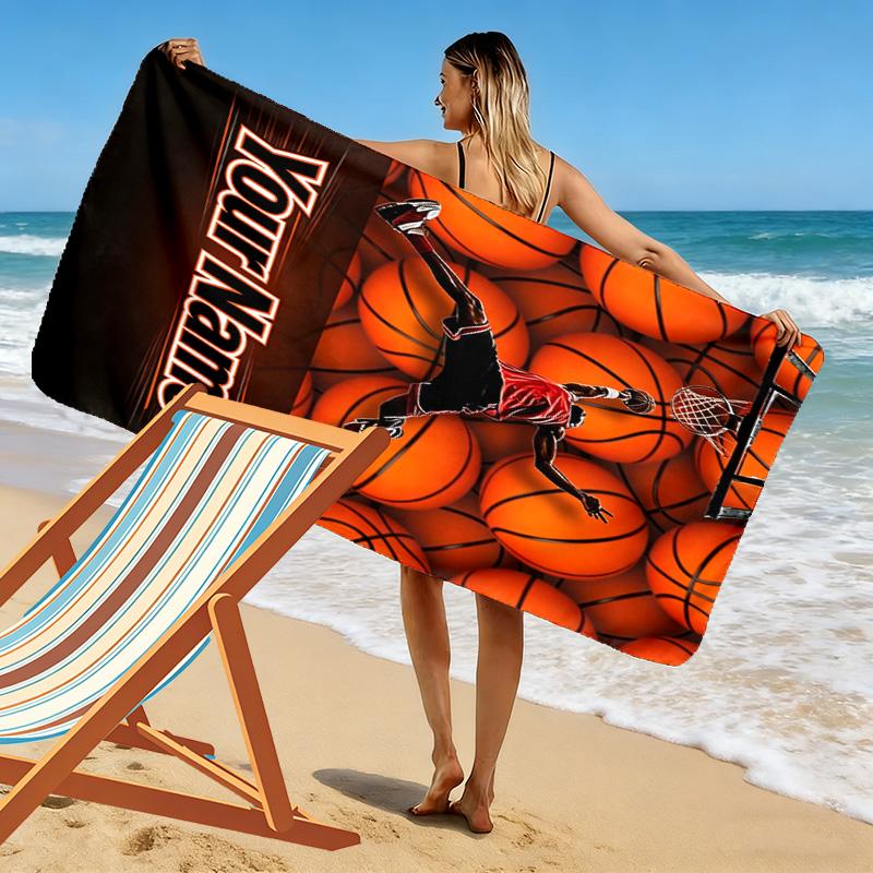 Name Custom Basketball Art Print Beach Towel, Large Soft Quick Dry Towel for Beach Camping Swimming