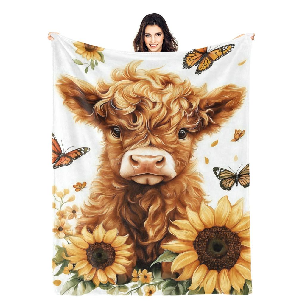 Cozy Highland Cow Print Flannel Throw Blanket, Soft, Warm,Office, and Travel, Multi-purpose All Season Gift Blanket For Family