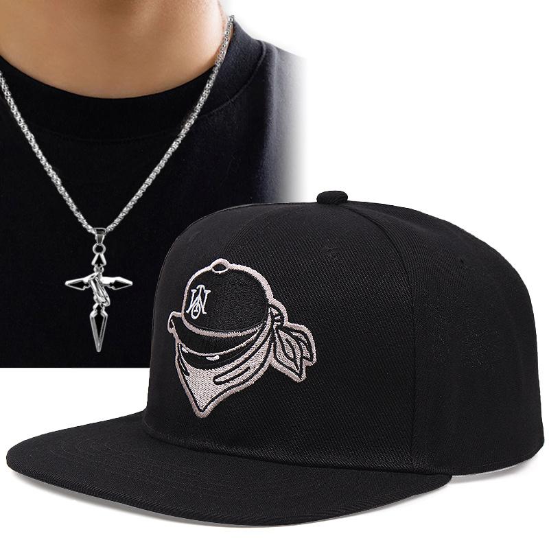 2pcs Embroidered Ninja Hip-hop Duck Tongue Cap Cross Pendant Necklace Set Sports Baseball Cap Fashion Leisure Men Women Couple Sun Protection Cap