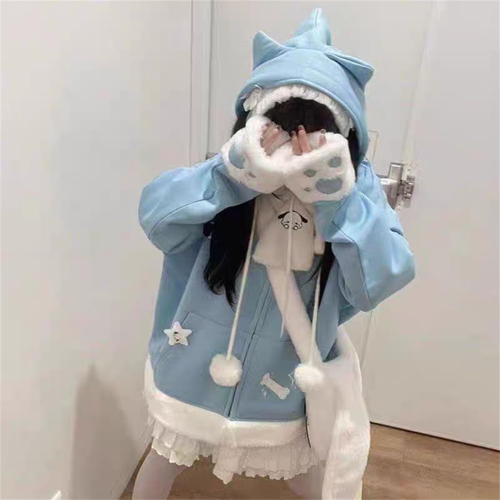 [SDSXZWG] Women's Cat Ear Hoodie, Cute, Subculture Style, Mass-Produced Type, Long Sleeved, Fleece Lined, Thick, Warm, Pockets, Hooded, Y2K Checkered