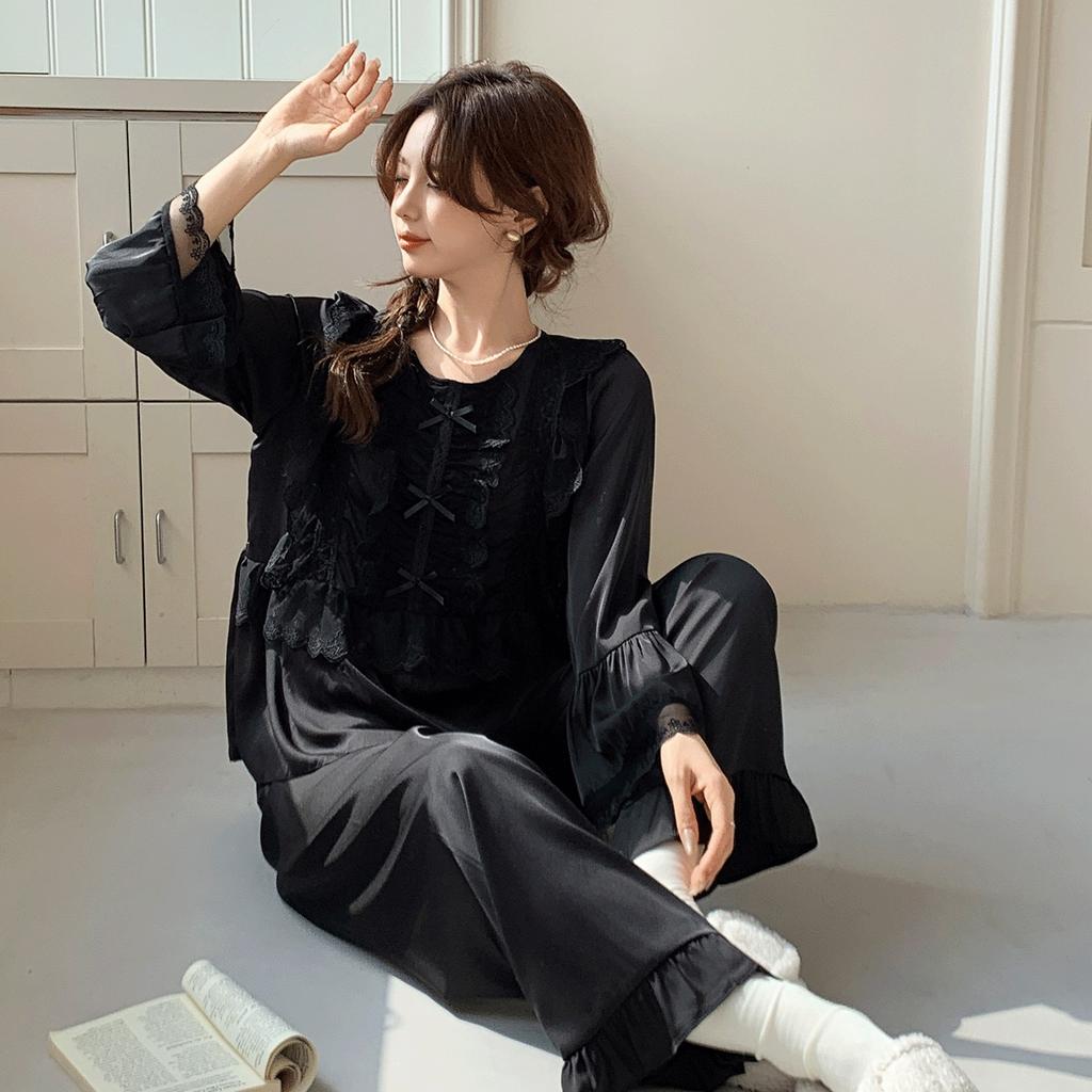 Spring and Autumn New Satin Silk Crew Neck Lace Long Sleeve Pants Pajamas Sexy Ice Silk Thin Loose Two-piece Set