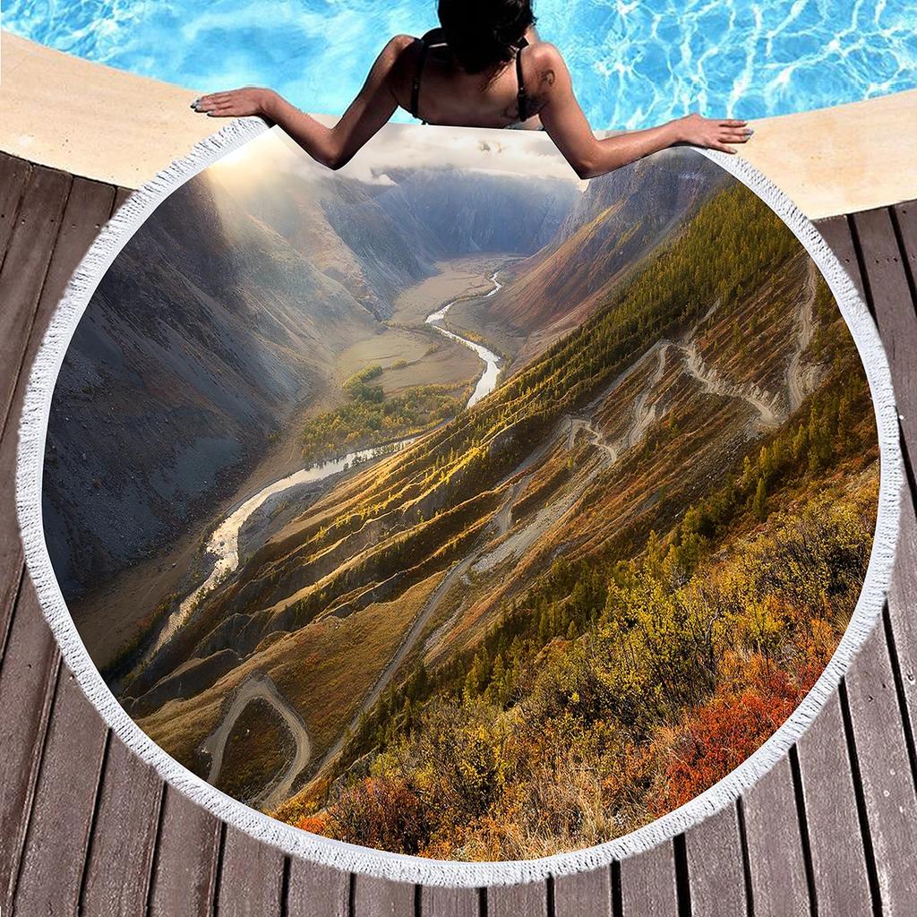 Natural Scenery Round Beach Towel Abstract Mountain Landscape Beach Blanket Sand Free Quick Dry Circle Bath Towel Soft Yoga Mat