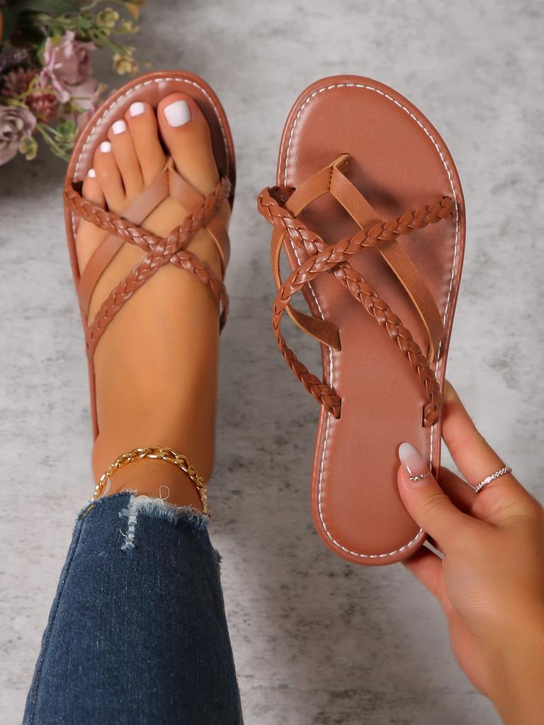 2026 Neuer Sommer Mode Stil Flip-Flops Vielseitige Lässige Damen Sandalen Einfarbige Gewebte Flache Zehentrenner Weiche Sohle Damen Hausschuhe