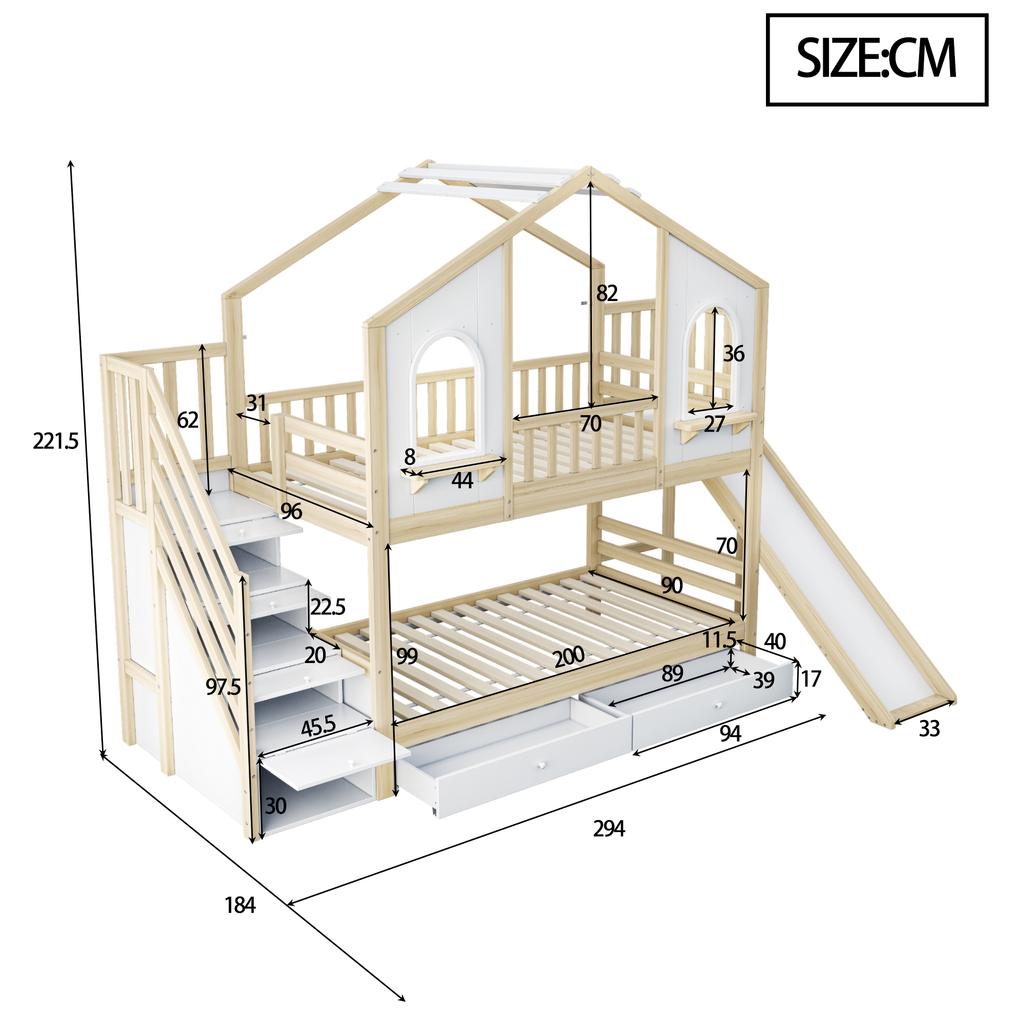 Children's Bunk Bed 90 X 200 Cm, House-Shaped with Curved Windows, with Storage Ladder and Slide, Drawers, Double Bed, Wood Color