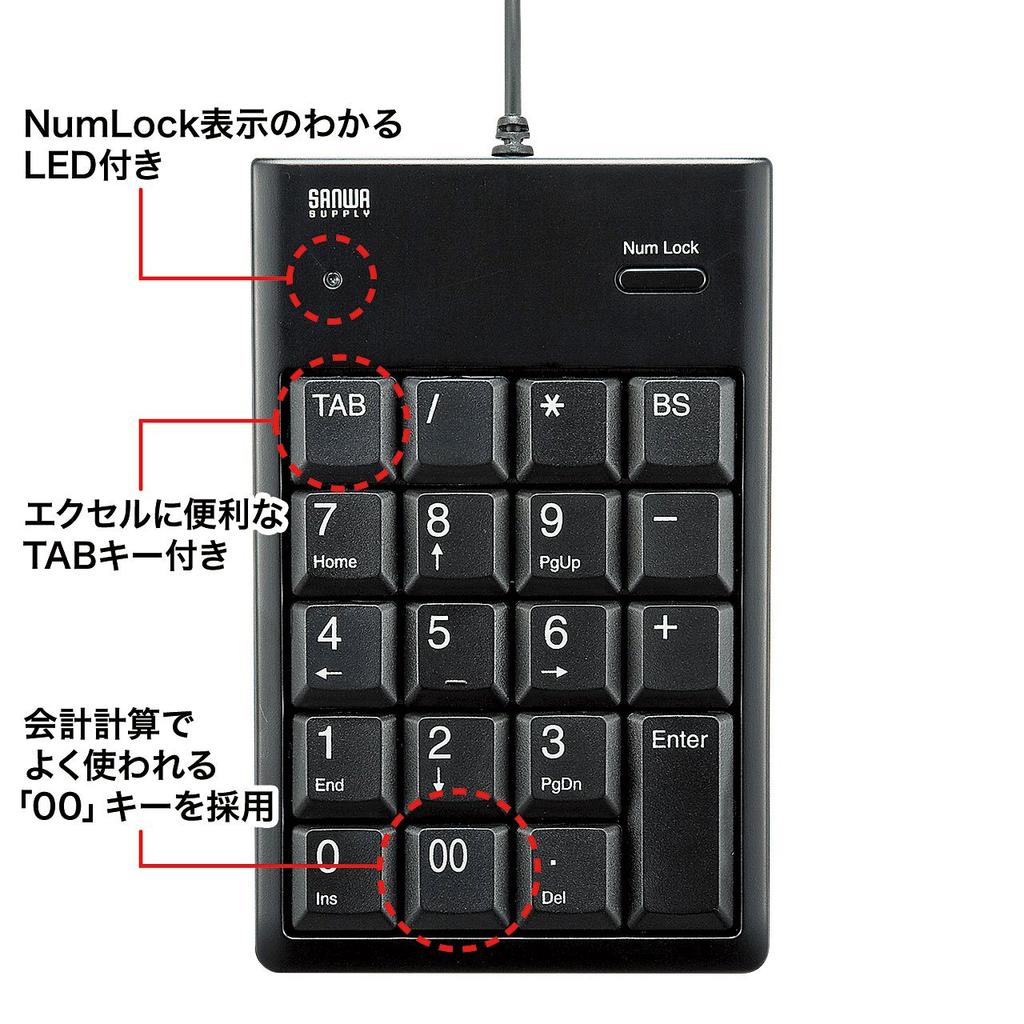 Sanwa Supply NT-16UBKN Numeric Keypad, Wired USB A Connection, Thin Membrane, Black