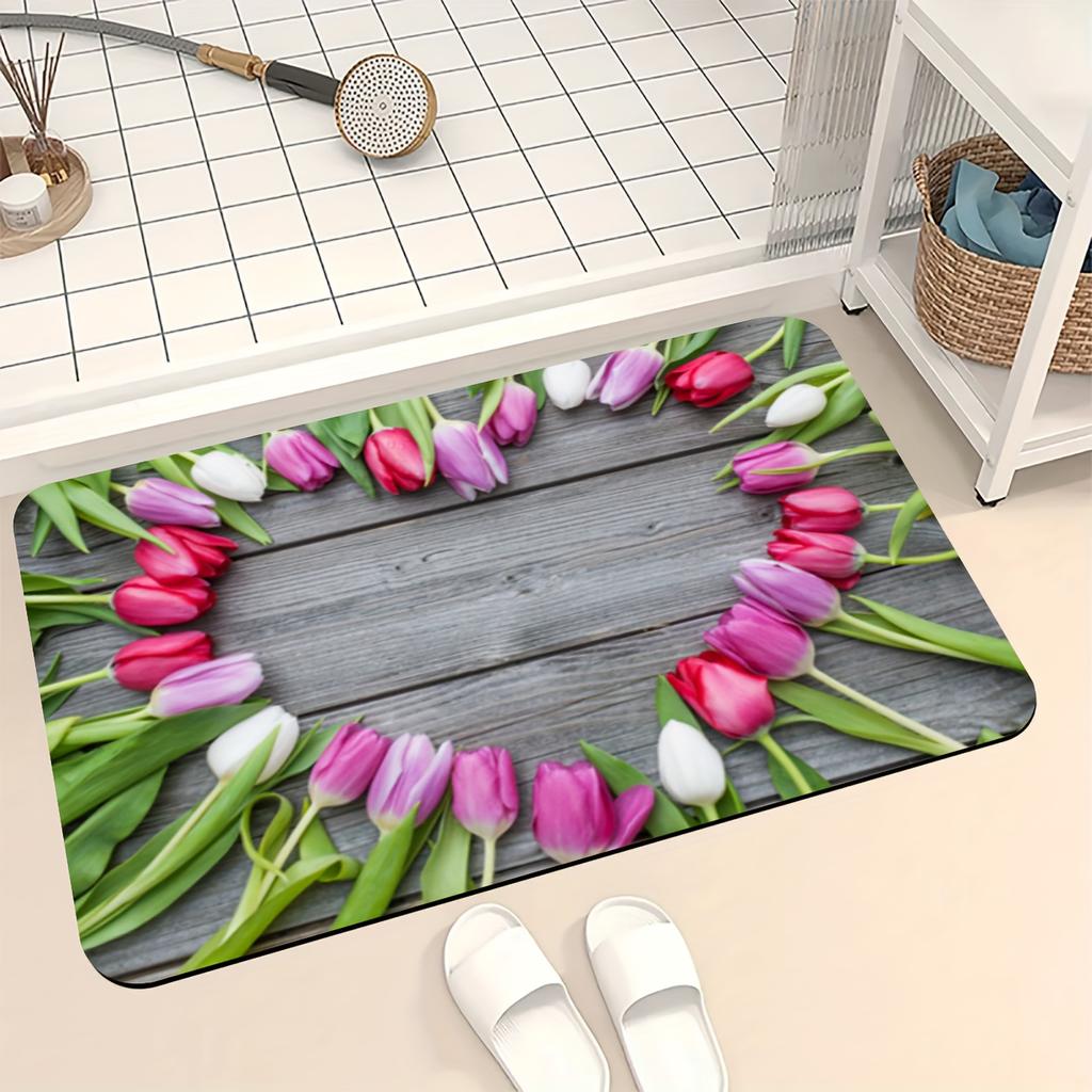 Tulpen-Herz-Muster Matte, Weicher Memory-Schwamm Teppich, Rutschfeste leicht zu reinigende Badezimmer-Matte für Wohnzimmer, Küche, Badewannen-Dekoration