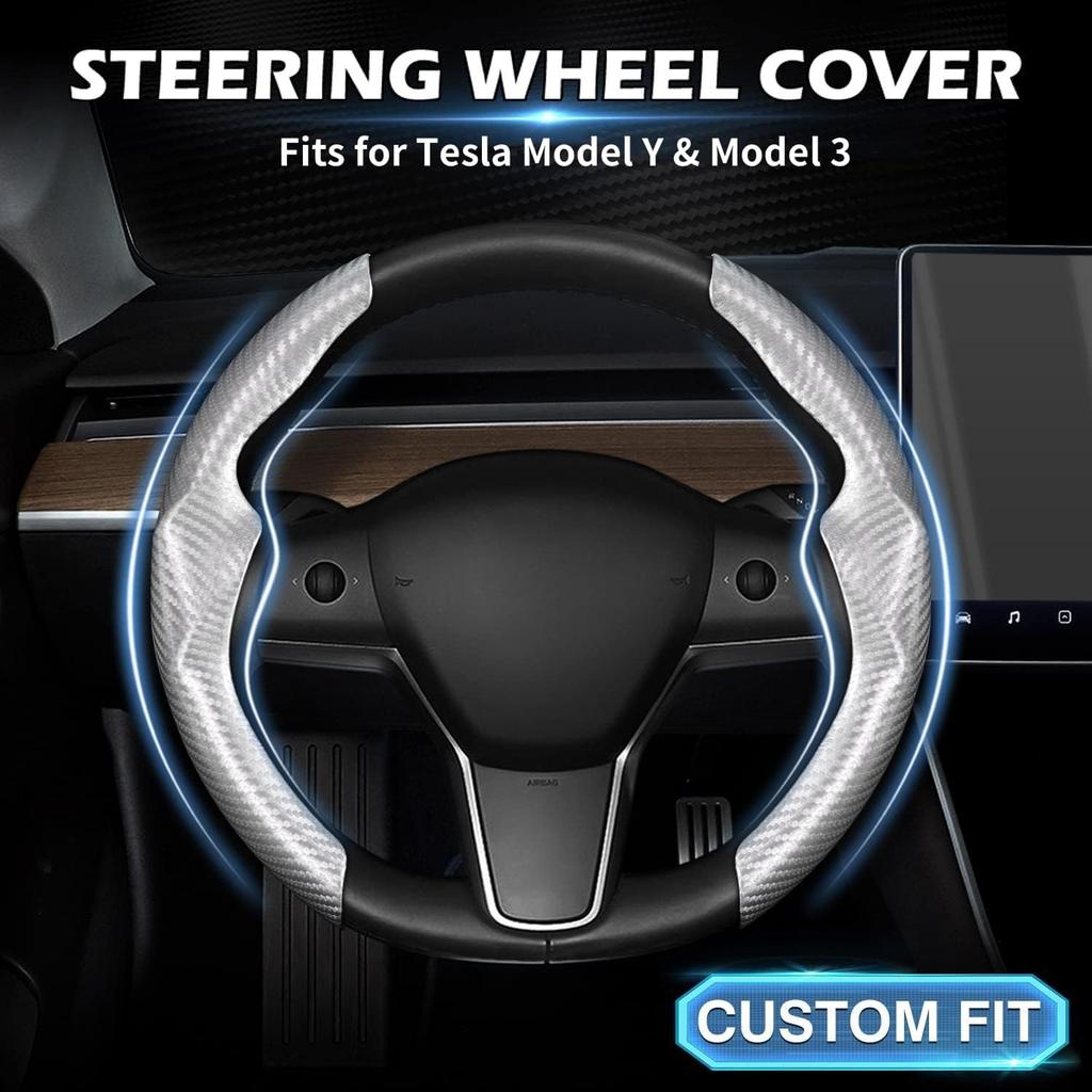 Silver Steering Wheel Cover For Tesla Model 3/Y 2016-2025 2026 Juniper/Highland | Non-Slip, Segmented, -Fit, Carbon Fiber | Model Y Juniper