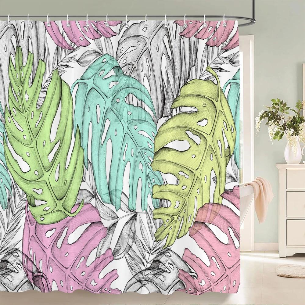 Tropical Plant Leaves Shower Curtain Nordic Minimalist Floral Bath Curtain Waterproof Fabric 3D Bathroom Curtains With Hooks