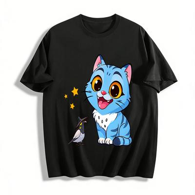 Cute Blue Cat & Hat Bird Graphic T-Shirt For Adults Kids Casual Loose Cartoon Animal Print Top Pure Cotton T-shirt