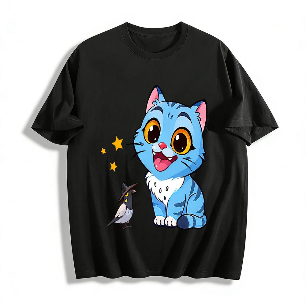 Cute Blue Cat & Hat Bird Graphic T-Shirt For Adults Kids Casual Loose Cartoon Animal Print Top Pure cotton T-shirt XXS