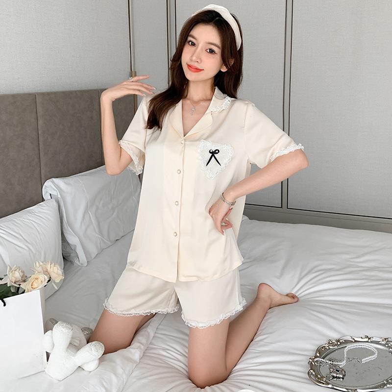 

Женская мода летняя домашняя одежда из шелка Ice Silk, комплект из 2 предметов, пижама с коротким рукавом, милая кружевная домашняя одежда XL бежевый