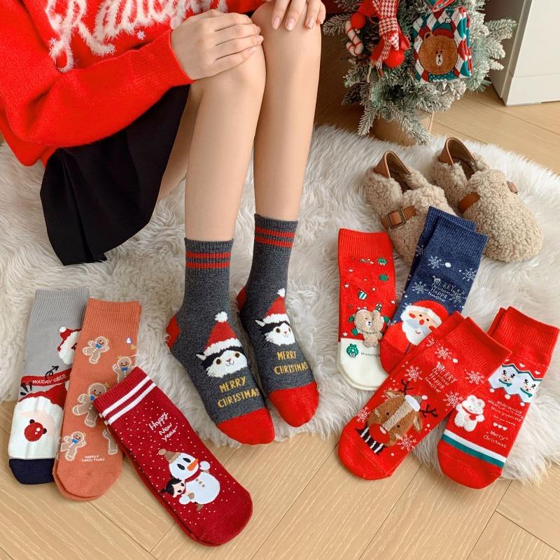 Female Cartoon Reindeer Santa Claus Mid-calf Stockings for Both Men and Women, Straight Long Stockings