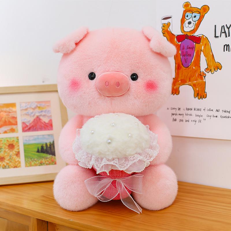 Large Plush Pig Doll - Cute Stuffed Animal Gift for Girlfriend, Valentine's Day, or Birthday - Pig Holding a Flower
