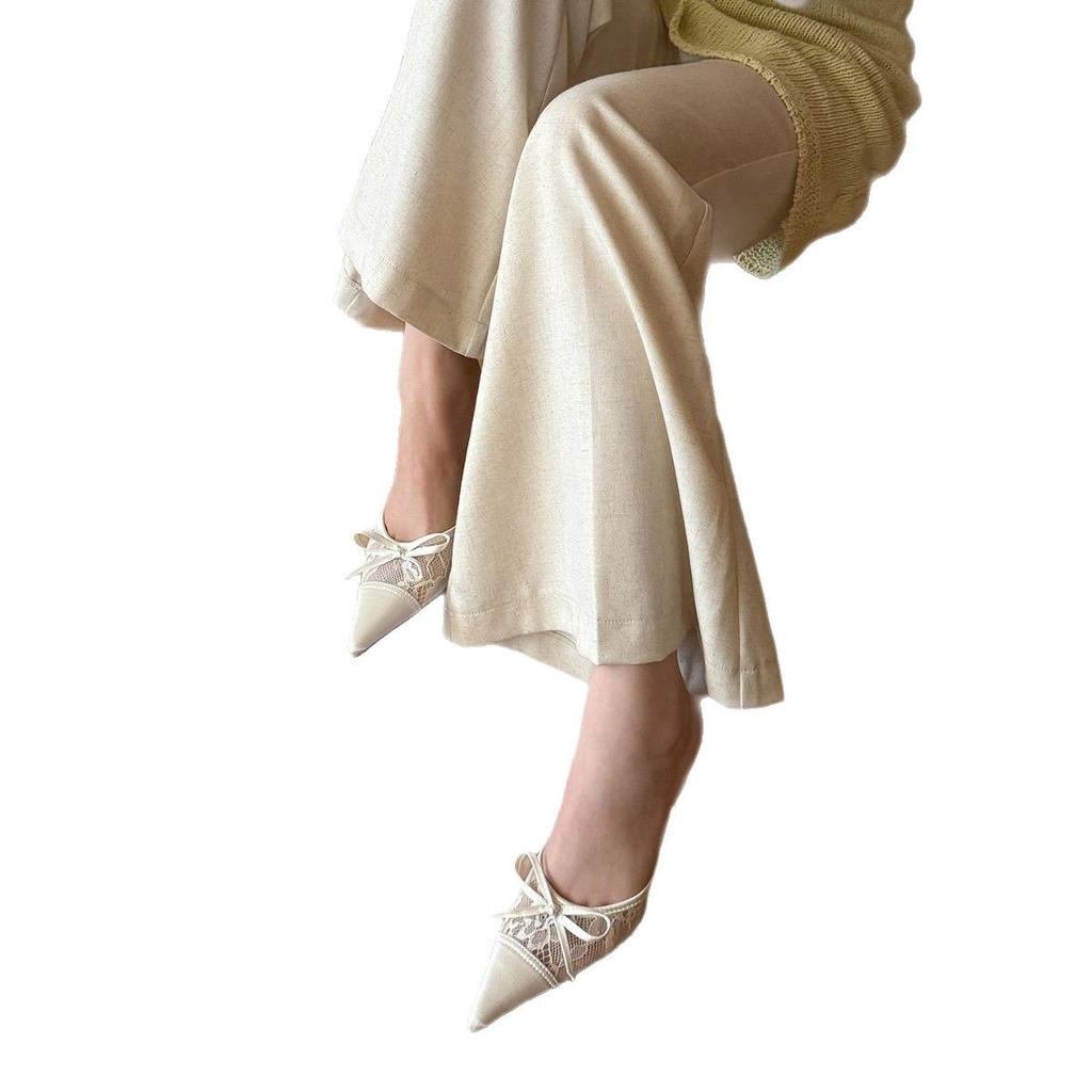 Cold and Gentle Spring and Summer Lace Pointed Head Bow High Heels Women's Sexy Bag Head Half Slippers