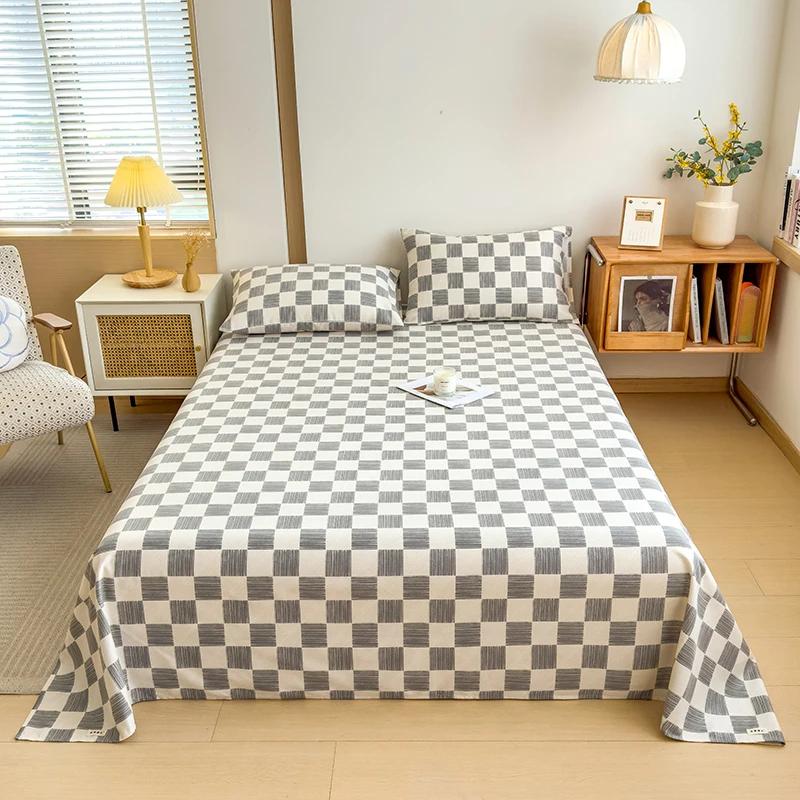 Geometric Plaid Pattern Bed Sheet Set Simple Grid Flat Sheet 100% Cotton Bedding Breathable Durable Sheets with 2 Pillowcases