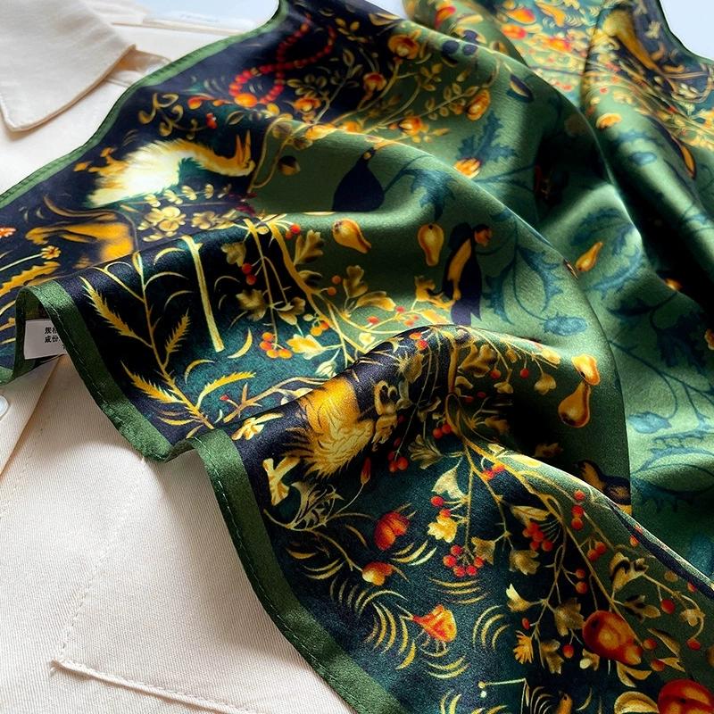 53Cm Square Pure Silk Square Scarf Vintage Print 100% Mulberry Silk Decorative Green Necktie Small Neckerchief For Women