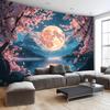 Pink Cherry Blossom Moon Lake Mountain Landscape Wall Tapestry Romantic Home Decor Aesthetic Living Room Art Print Design