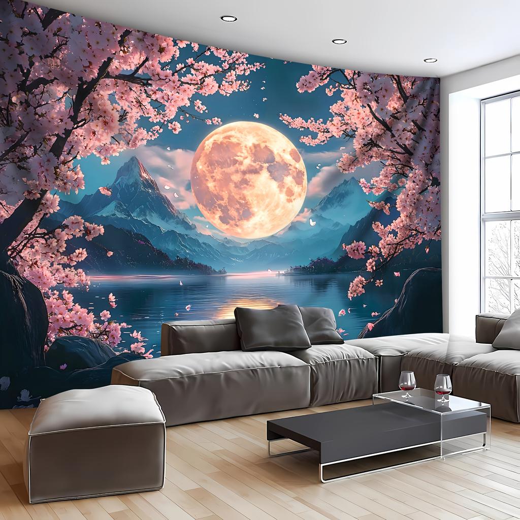 Pink Cherry Blossom Moon Lake Mountain Landscape Wall Tapestry Romantic Home Decor Aesthetic Living Room Art Print Design