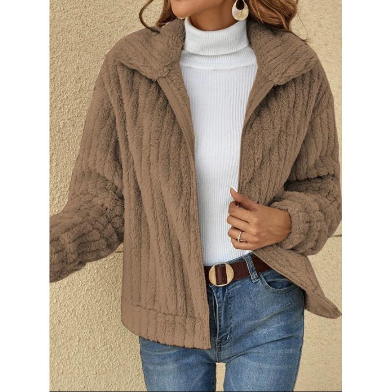HNXC Women's Fashionable Solid Color Warm Striped Versatile Plush Cardigan Long-sleeved Short Coat for Women