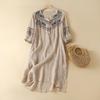 Literary Retro Ethnic Style Embroidery Relaxed Casual Slit V-Neck Lightweight Linen Dress