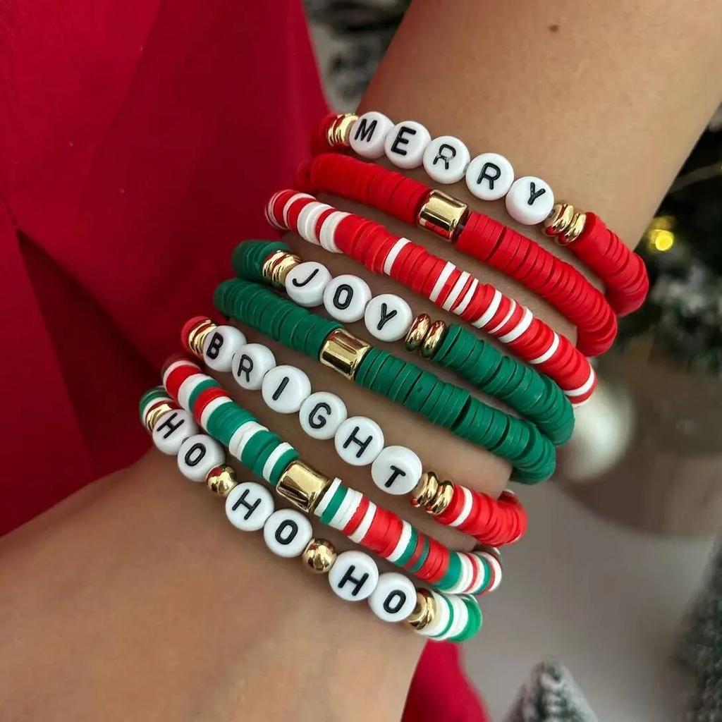 Salircon Cute Christmas Soft Ceramic Elastic Bead Bracelet Set for Women Trendy Simple Rope Chain Bangle Couple New Jewelry Gift