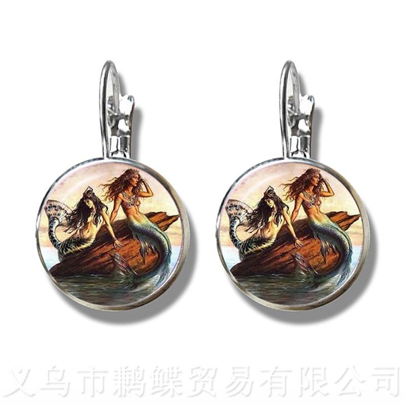 Mermaid Pattern Earrings New Fashion Round Glass Mermaid Murano 16mm Glass Dome Silver Plated Stud Earrings For Women