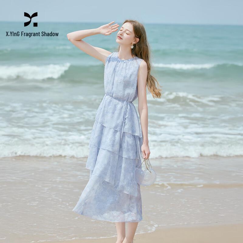 Xiangying Women s Blue Chiffon Tiered Vacation Dress XL