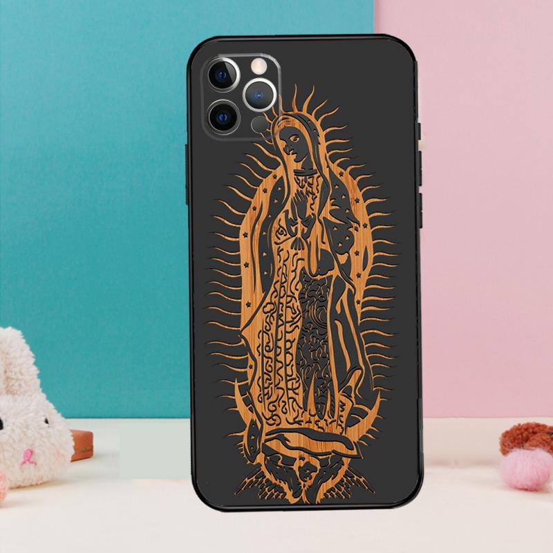 Guadalupe San Judas Wood Phone Case For iPhone 16 15 13 12 11 14 Pro Max 12 13 Mini XR 15 16 Plus 16e Cover Coque