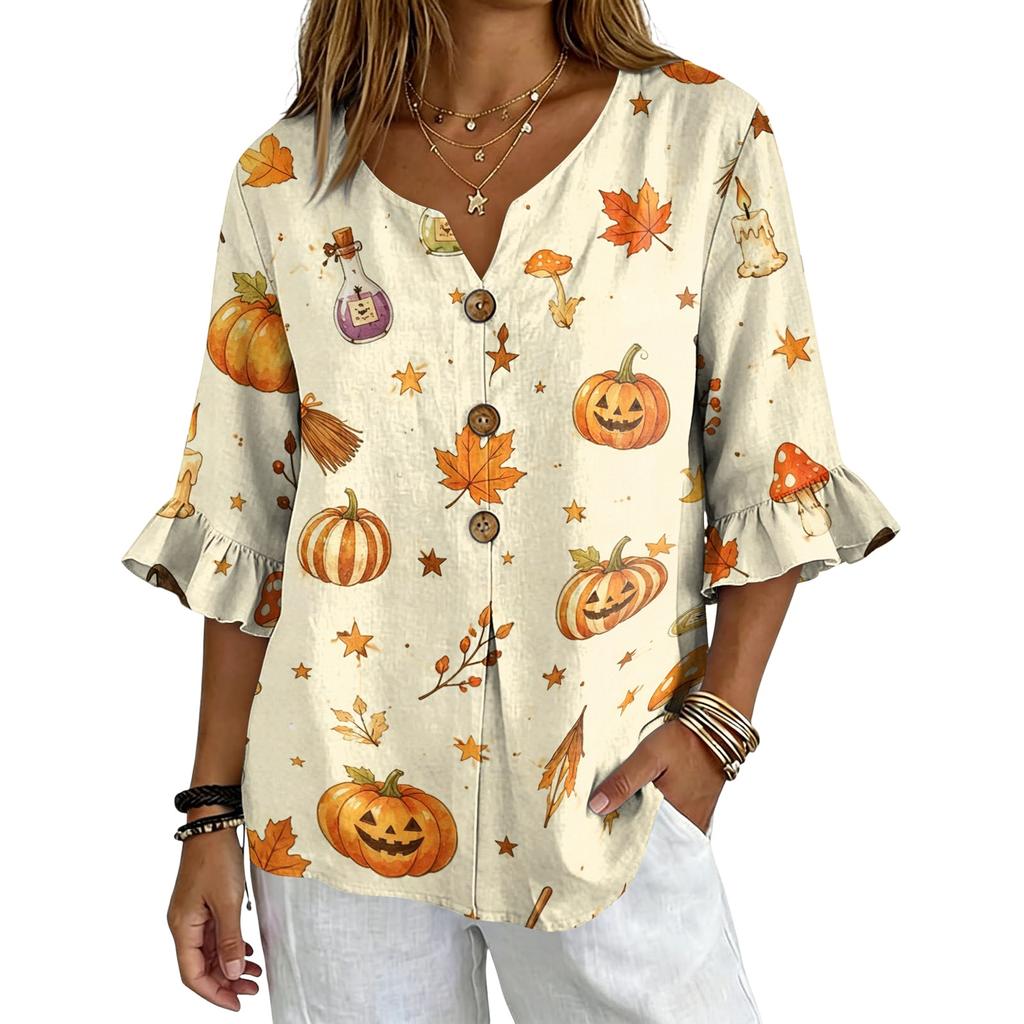 Women's Casual V-Neck Ruffle Sleeve Loose Fit Blouse with Halloween All-Over Print
