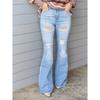 Neuer Eingang Vier Jahreszeiten Sehr Dehnbar Damen Zerrissen Schlaghose Denim Jeans Hoher Bund Elegant Knopf Dame Lange Denim Hose