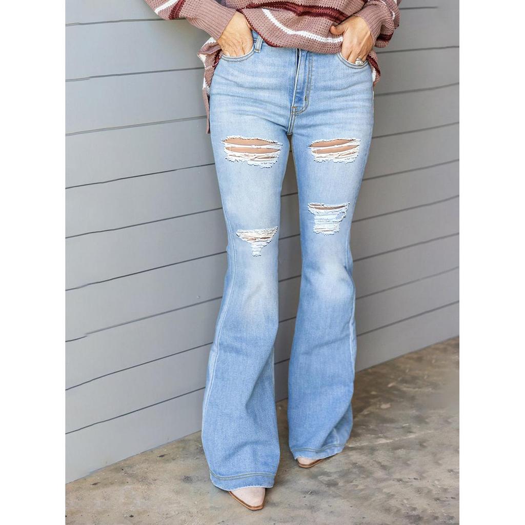 Neuer Eingang Vier Jahreszeiten Sehr Dehnbar Damen Zerrissen Schlaghose Denim Jeans Hoher Bund Elegant Knopf Dame Lange Denim Hose