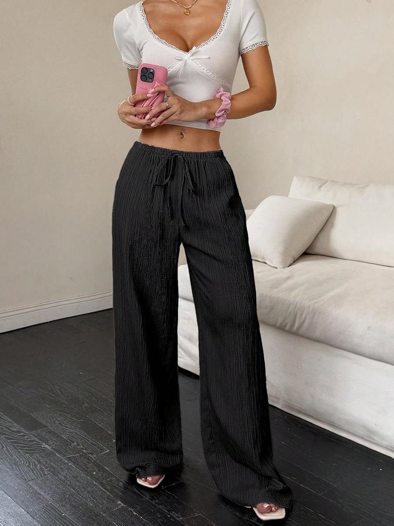 2026 Women's Casual Wide-Leg Pants with Knot Waist and Textured Fabric