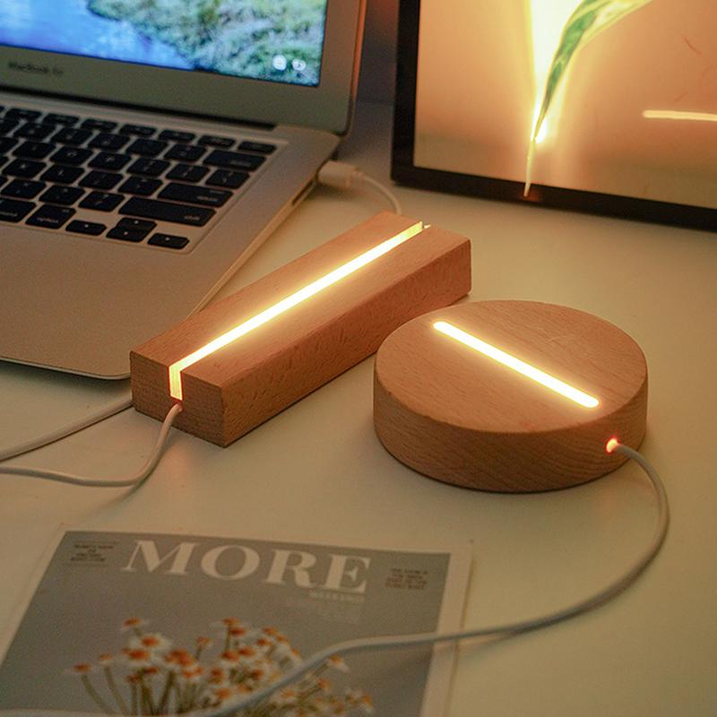 DIY Massivt Tre Lysende Lampeholder 3D Akryl LED Massivt Tre Nattlys Base Romdekorasjon Stuedekorasjon