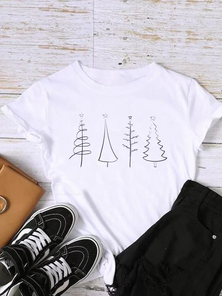 Christmas Womens Round Neck Short Sleeved Christmas Tree Reindeer Print Womens Loose Oversized Comfortable White Tshirt