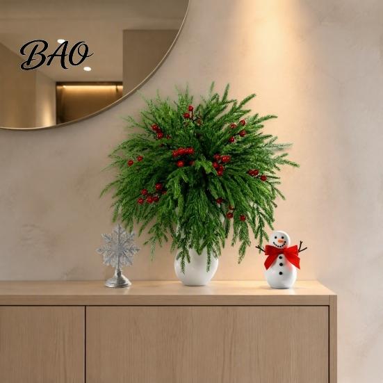 Lifelike Floral Decor for Gift 20Pcs Christmas Norfolk Pine Picks, Flocked Snow Branches with Indoor Decorative Plants Living Room Red Berries,