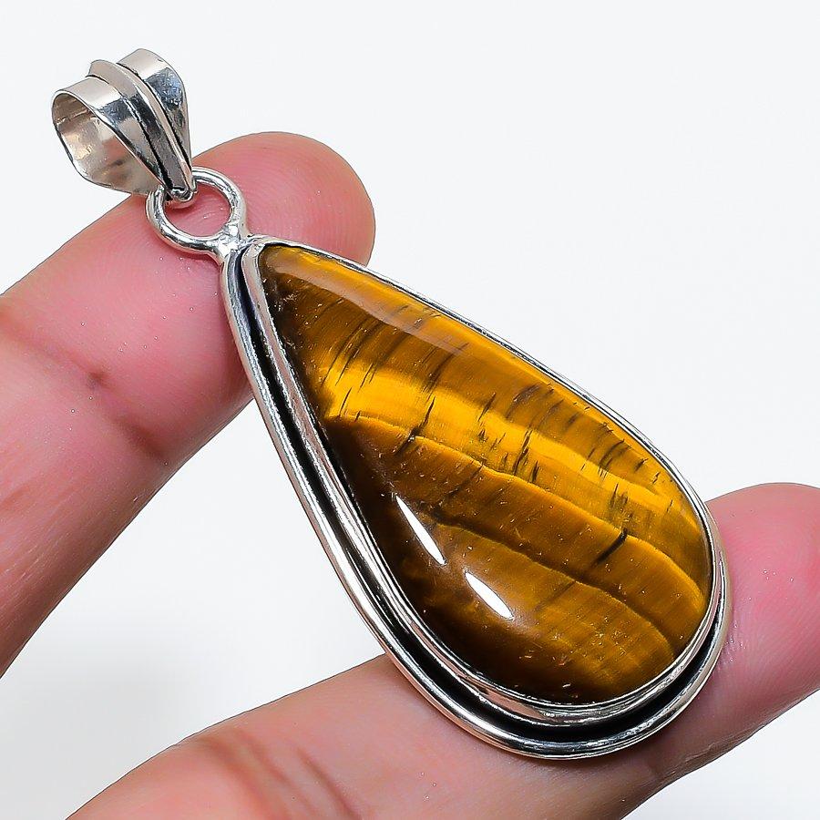 Natural Tiger Eye Gemstone Handmade 925 Sterling Silver Pendant 2.17" AP-14721