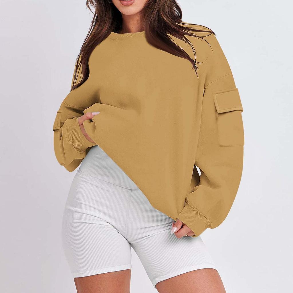 Women's Fashion Casual Solid Color Autumn And Winter Loose Round Neck With Pocket Pullover Sweatshirt Top