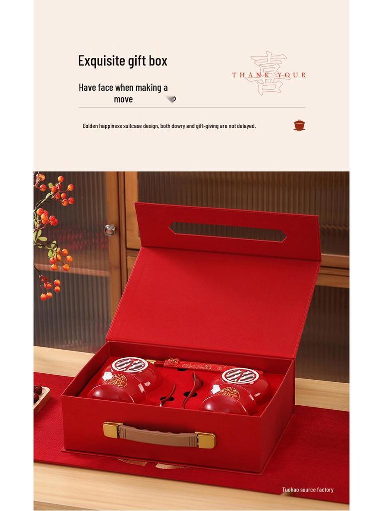 Wedding Tea Cup & Chopstick Set: Toasting Bowls and Red Dowry Supplies