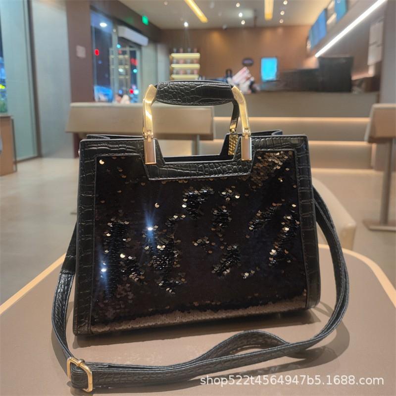 Luxury Genuine Leather Tote Bag Women Fashionable With Rhinestones Sequins Chain Large Capacity Soft