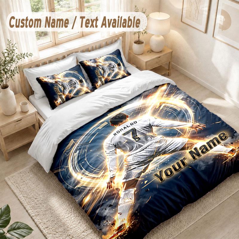 Custom Name Bedding Set 3 PiecesCristiano Ronaldo Print Duvet Cover + 2 Pillowcases Soft Bed Decor