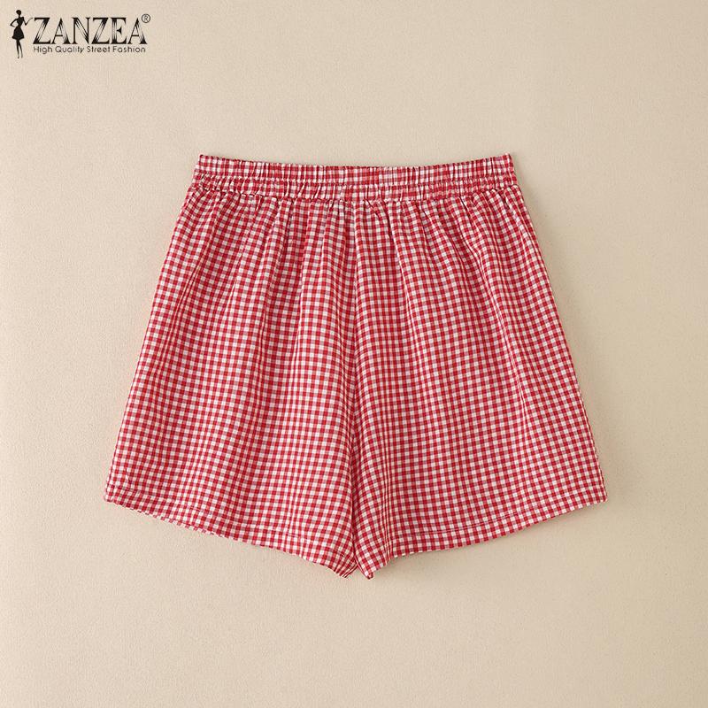 ZANZEA Womens Summer Elastic Waist Casual Grid Print Shorts