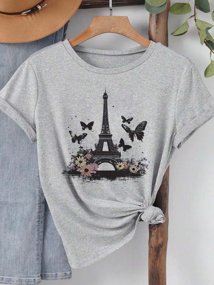 Fashion Eiffel Tower Floral Print Women Summer T Shirt Girl O Neck Funny Y2K Tops Tee Female 90s Casual Clothing
