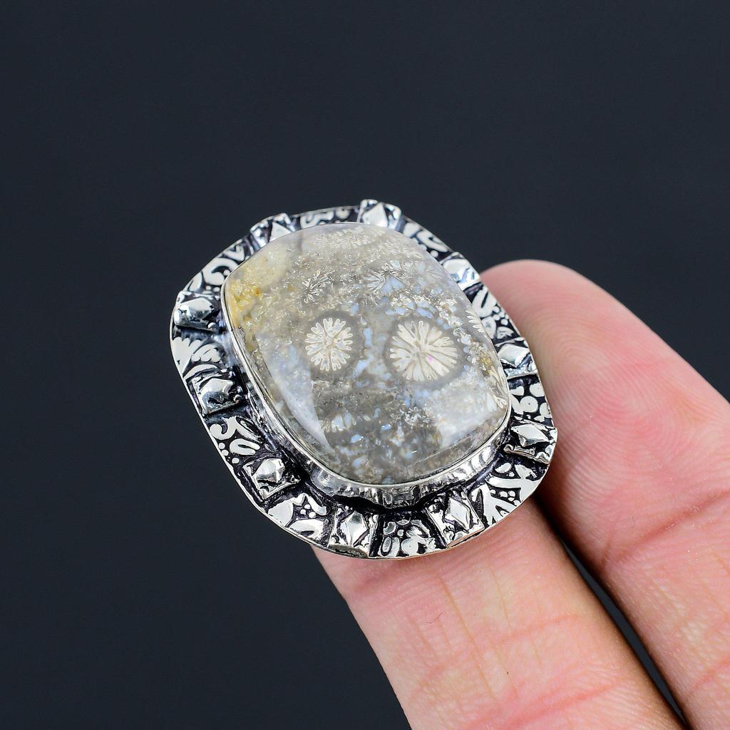 Natural Fossil Coral Gemstone 925 Silver Solitaire Ring Size 7 For Girls