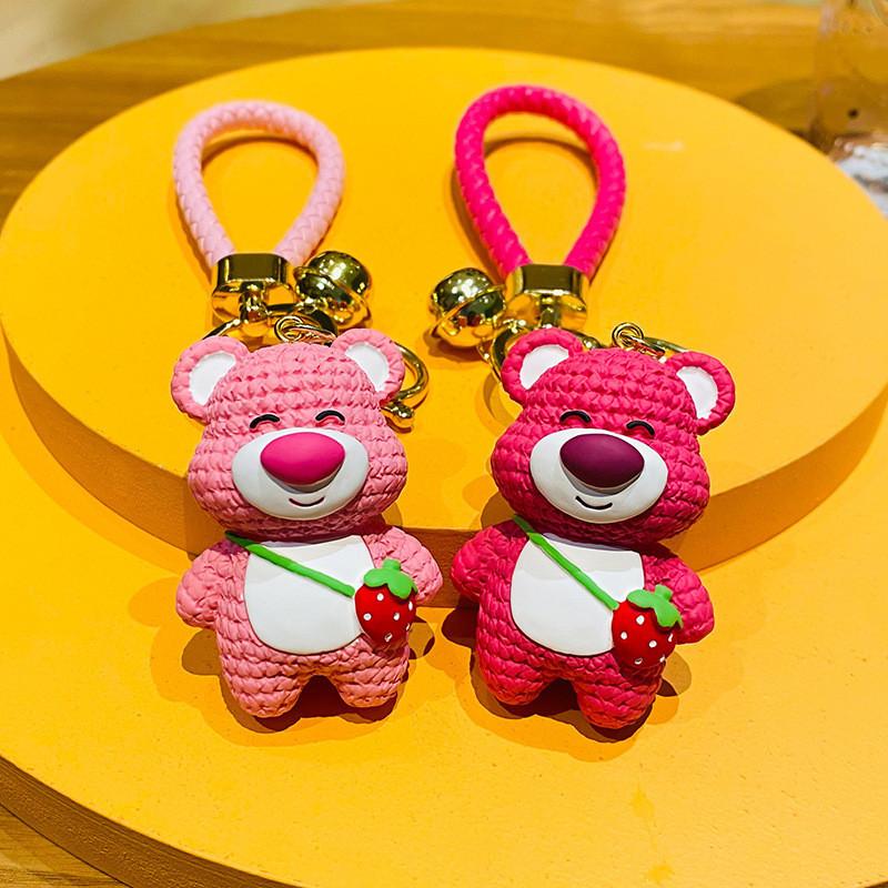 Resin Lovely Strawberry Bear Keychain Charming Cartoon Bear Pendant Cars For