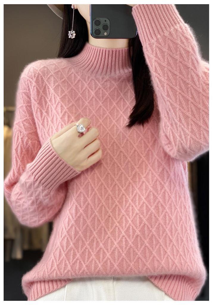2023 Loose Fit High Neck Wool-Blend Sweater with Diamond Pattern for Autumn & Winter