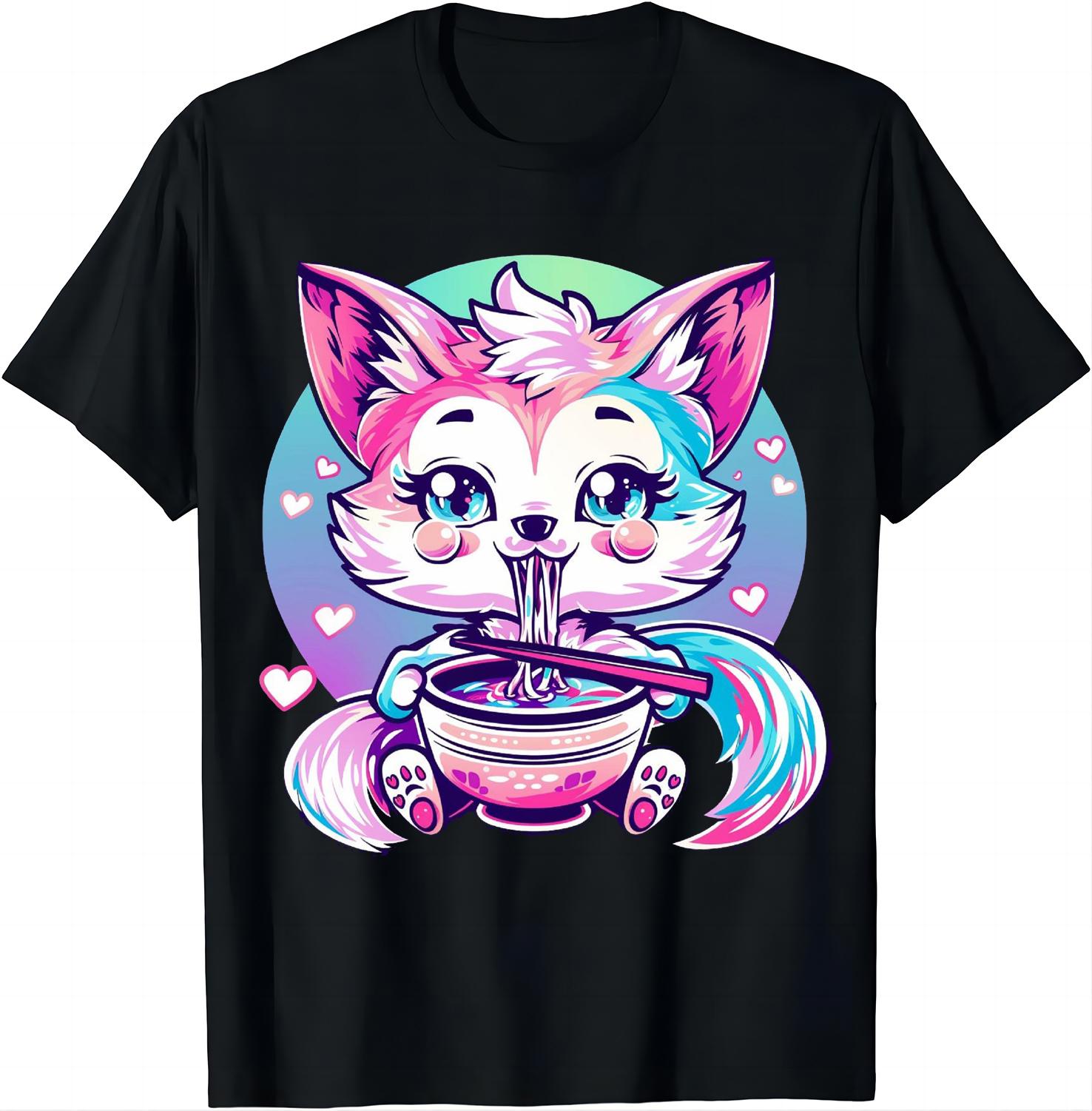 

Transgender Pride Kawaii Fox Ramen Noodles Trans Flag T-Shirt Women Clothing Tops Kawaii Clothes Camisetas 4XL