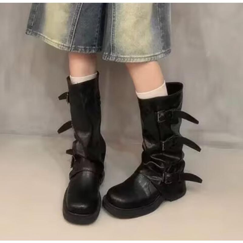 New Style Round Toe Belt Buckle Women Boots Fashionable Flats Sole Mid Calf Autumn Niche Design Patent Leather Soid Women Shoes